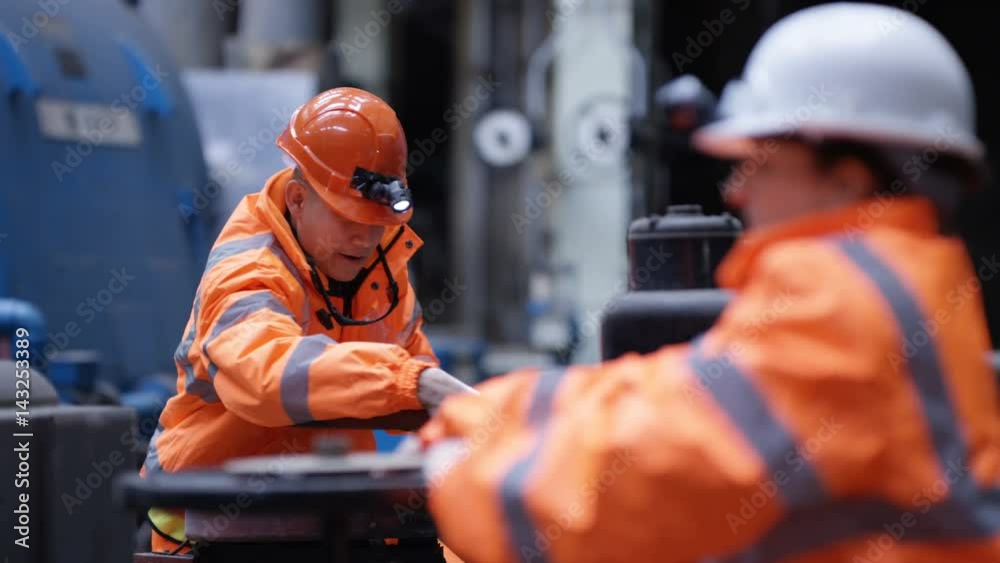  Male & female engineers in power plant turning a valve on pipeline