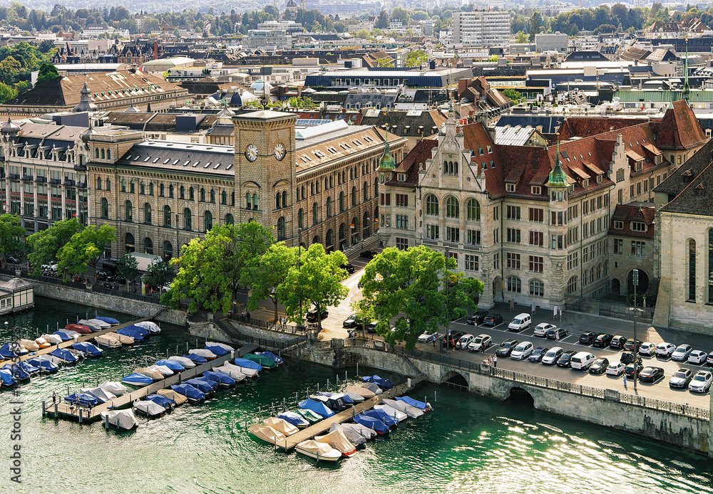 Boats at Post office and Stadthaus at Limmat River Zurich