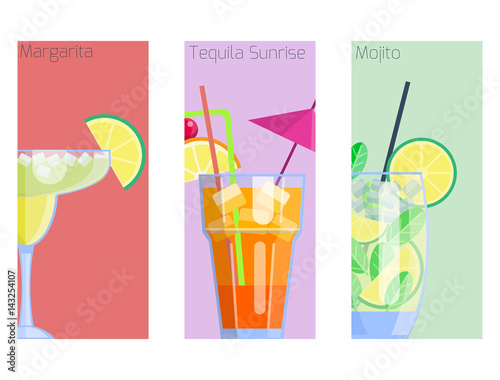 Set of alcoholic cocktails isolated fruit cold drinks tropical cosmopolitan freshness collection and party alcohol sweet tequila vector illustration.