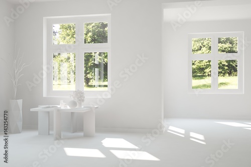 White room with table and green landscape in window. Scandinavian interior design. 3D illustration