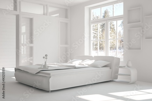 White bedroom with winter landscape in window. Scandinavian interior design. 3D illustration