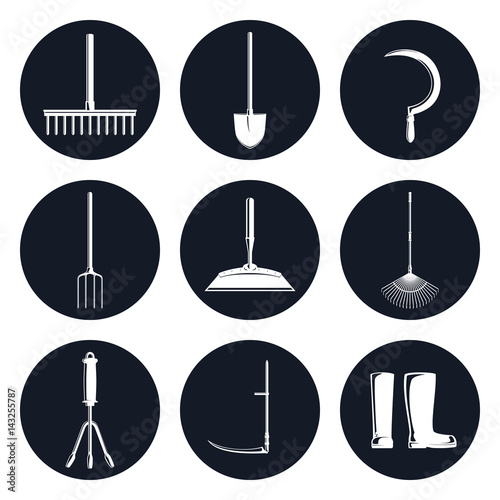 Set of Round Monochrome Icons Garden Equipments, Garden Rake and Spading Fork, Leaf Rake and a Sickle ,a Hoe and a Shovel, Hand Rake and a Scythe , Working Rubber Boots , Vector Illustration