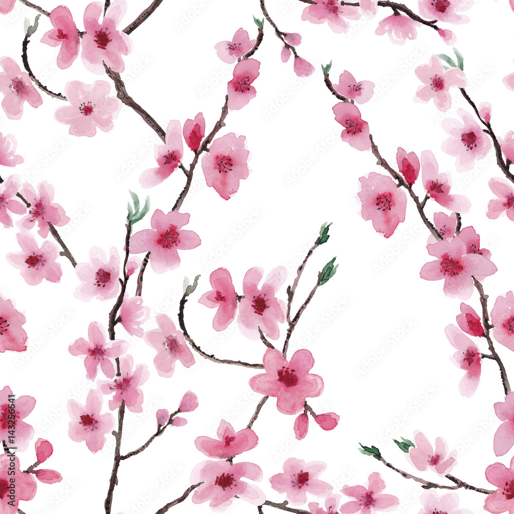 Seamless pattern with Beautiful Cherry blossom flowers, Sakura branch flowers Watercolor painting Seamless pattern with Beautiful Cherry blossom flowers, Sakura branch flowers Watercolor painting
