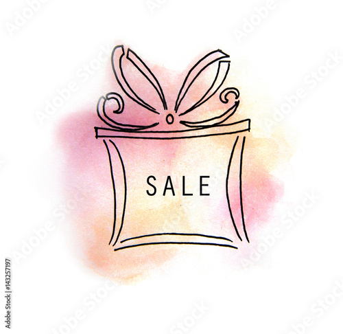 Watercolor painting of Sale tag icon on box with paint stain isolated on a white background