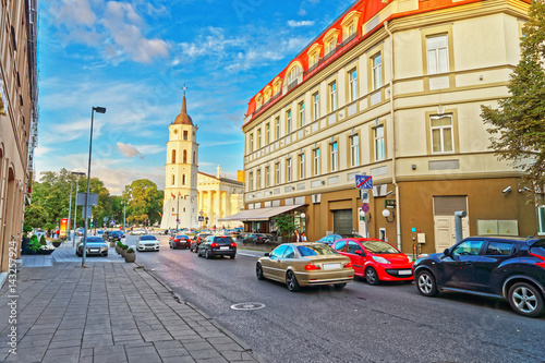 Street and Bell Tower on Cathedral Square of Vilnius