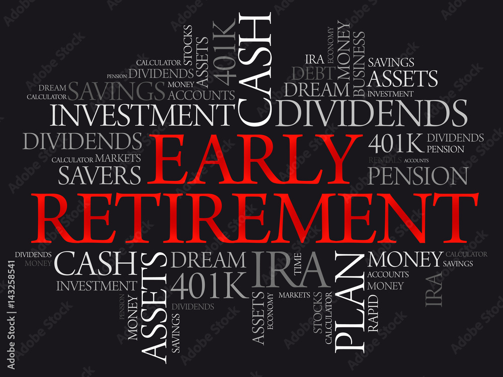 Early Retirement word cloud collage with great terms such as investments, budget, finance business concept background Early Retirement word cloud collage with great terms such as investments, budget, finance business concept background