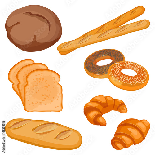 Vector of brown tommy, sliced bread, long loaf, baguettes, buns