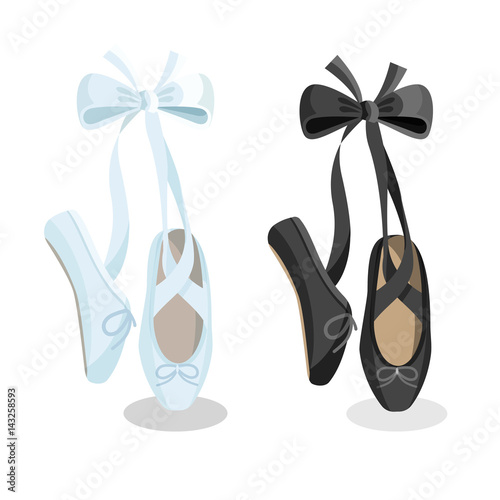 Black and white pointes female ballet shoes on white background.