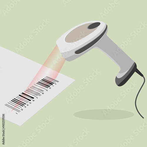 White handheld barcode scanner scanning bar code in flat design