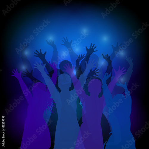 Silhouettes of cheering people dancing at a concert or party. Vector illustration