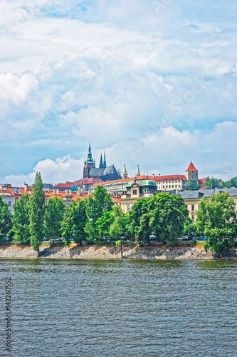 Vltava River embankment and Prague Old Town with Strakova Academy