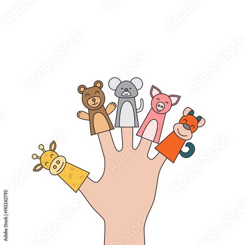 Figures of animals, heroes of the puppet theatre which put in the fingers of the hand. Vector illustration of characters to play with the children in role-playing games.