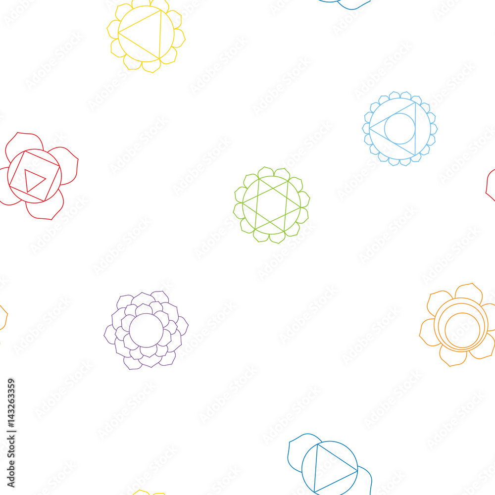 seamless pattern with signs and names of chakras in Sanskrit for your design
