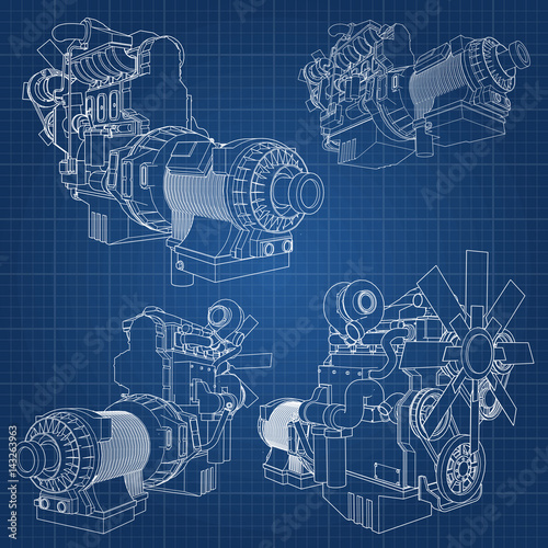 A big diesel engine with the truck depicted in the contour lines on graph paper. The contours of the black line on the blue background.