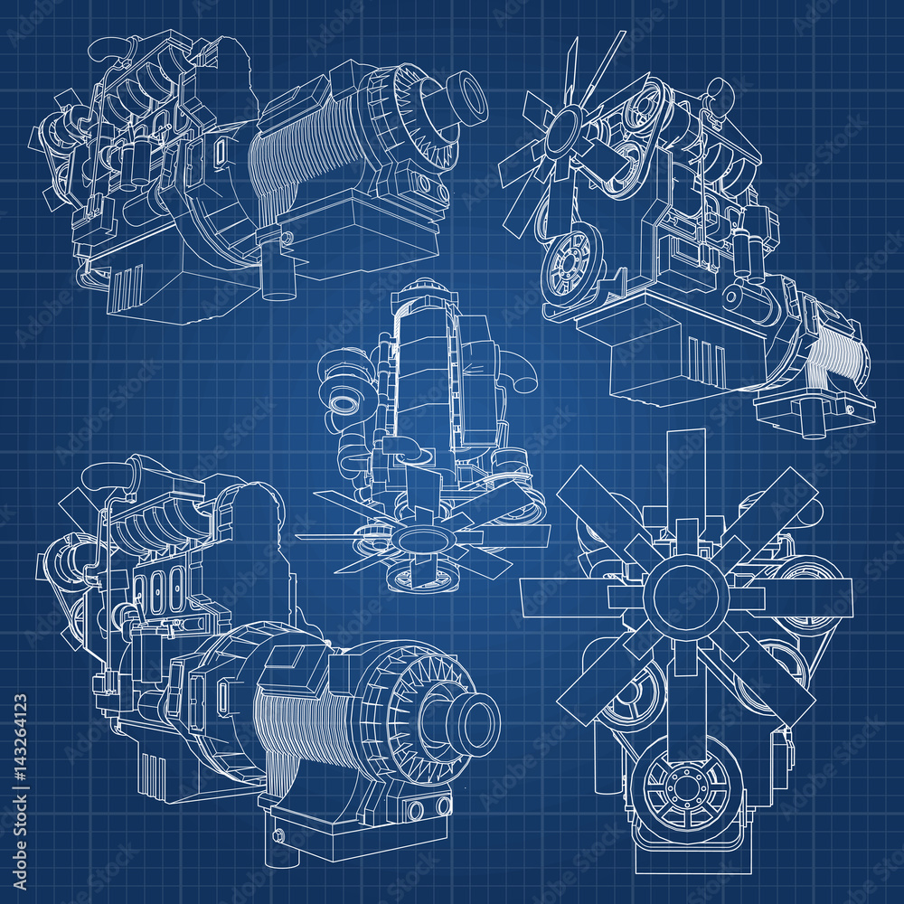 Engine Line Abstract A big diesel engine with the truck depicted in the contour lines on ...