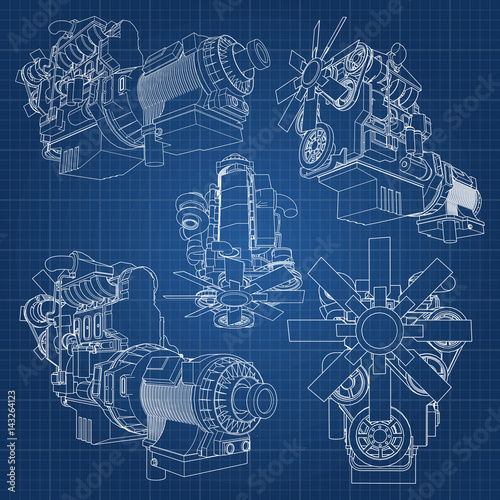A big diesel engine with the truck depicted in the contour lines on graph paper. The contours of the black line on the blue background.