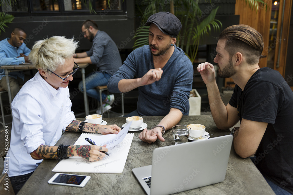 People Talk Work Laptop Present Cafe People Talk Work Laptop Present Cafe