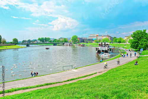 Excursion Ferry and embankment of Visla River Krakow