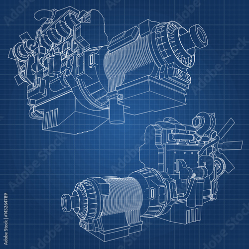 A big diesel engine with the truck depicted in the contour lines on graph paper. The contours of the black line on the blue background.