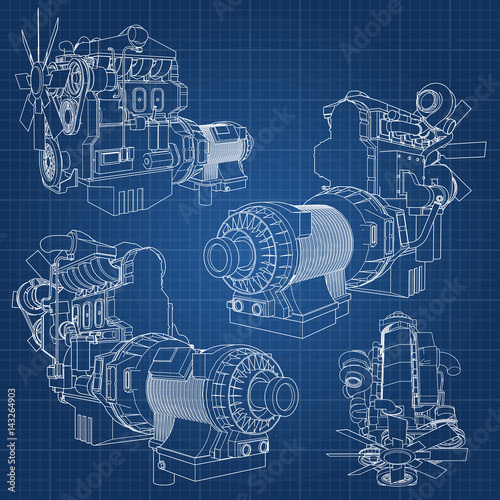 A big diesel engine with the truck depicted in the contour lines on graph paper. The contours of the black line on the blue background.