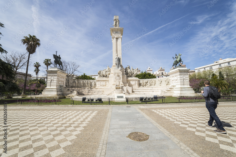 Monument to the Constitution of 1812, tourist visiting the monument in spring, Cadiz, Andalusia, Spain