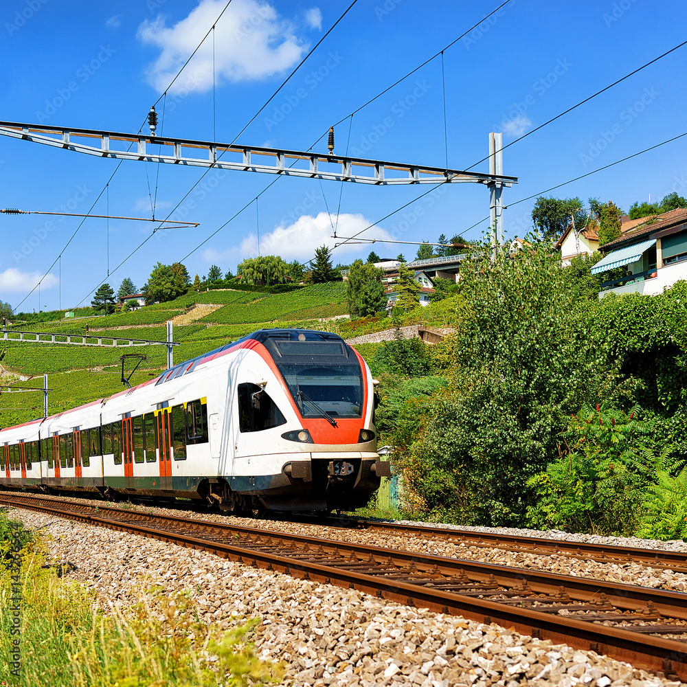Naklejka premium Running train in Lavaux Vineyard Terrace hiking trail Switzerland