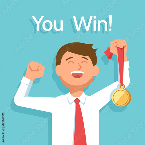 Young happy businessman winner with award