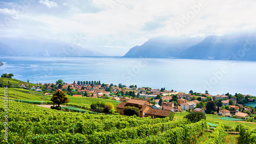 Swiss village near Lavaux Vineyard Terrace hiking trail in Switzerland