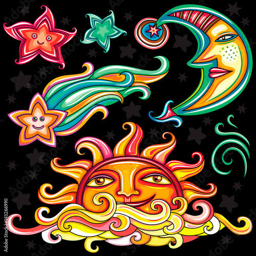 Vector set of Celestial symbols: sun, moon, star and comet, with human faces, cute cloud and wind swirl. Design elements isolated on black background