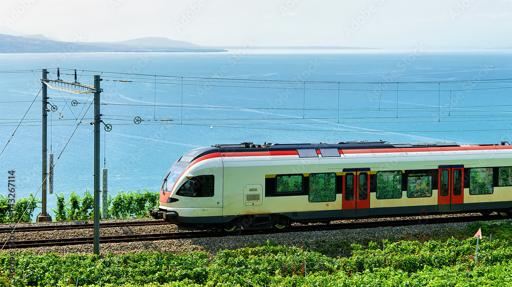 Train at Lavaux Vineyard Terraces near Lake Geneva Alpine Mountains