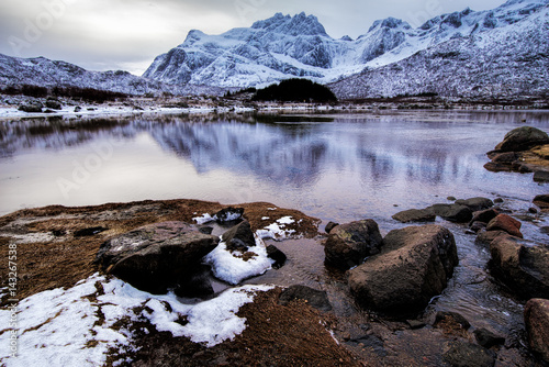 Panoramic view of scenic idyllic winter landscape in the Lofoten islands at mountain lake.