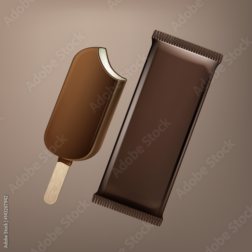 Vector Classic Bitten Popsicle Choc-ice Lollipop Ice Cream in Chocolate Glaze on Stick with Brown Plastic Foil Wrapper for Branding Package Design Close up Isolated on Background
