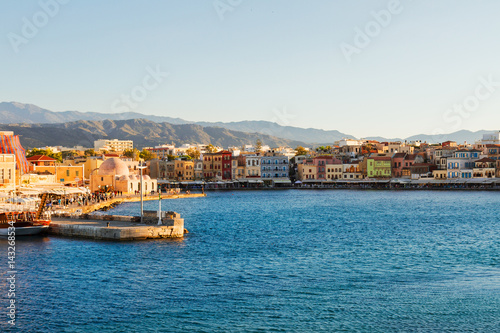 venetian habour of Chania with historical houses at sunny summer day, Crete, Greece