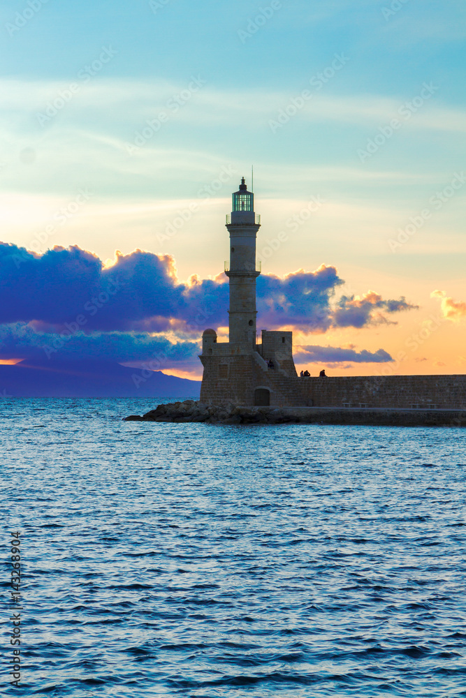 lighthouse of Chania with Aegan sea at sunset, Crete, Greece