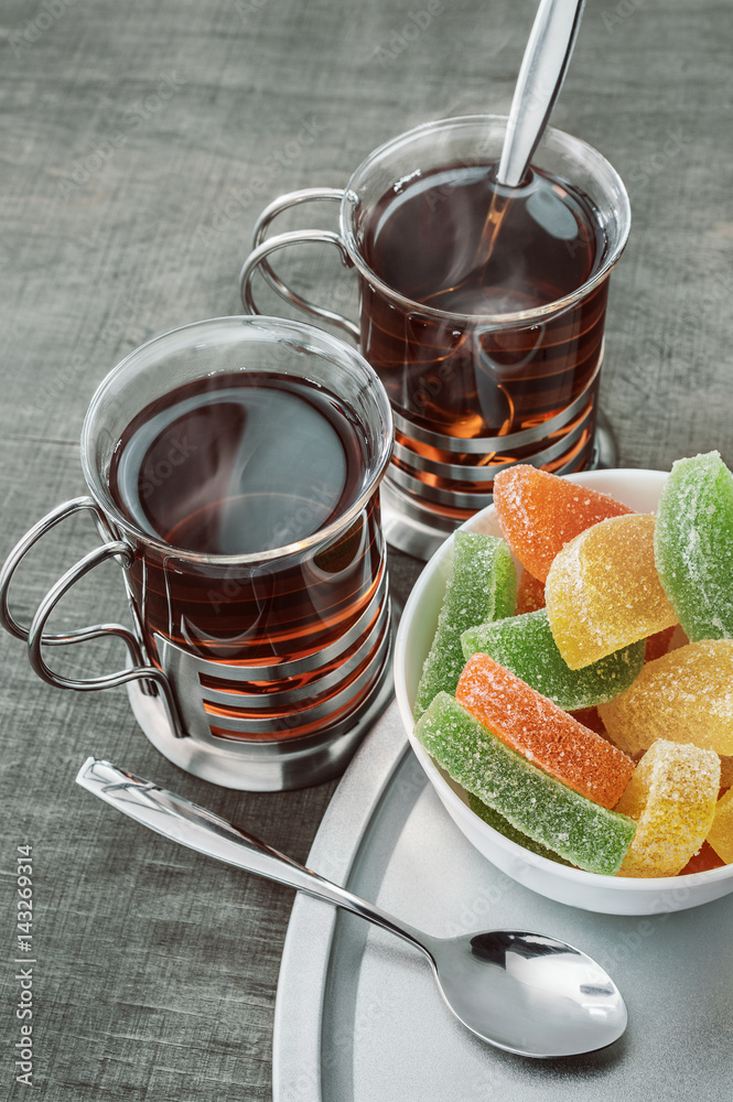 Tea and jelly candies. Tea and jelly candies.