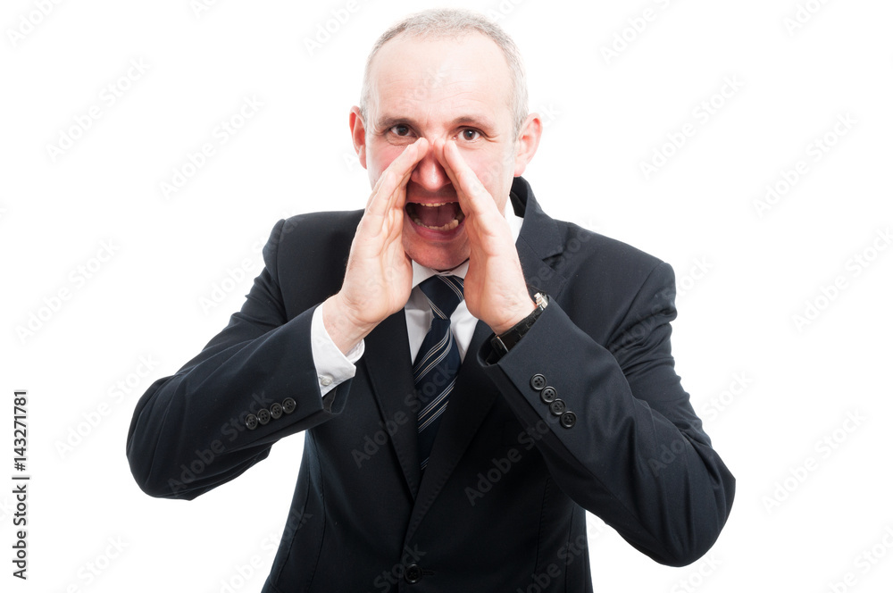 Middle aged elegant man screaming out loud Middle aged elegant man screaming out loud