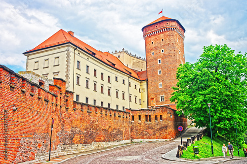 Tower of Wawel Castle and defensive walls Krakow