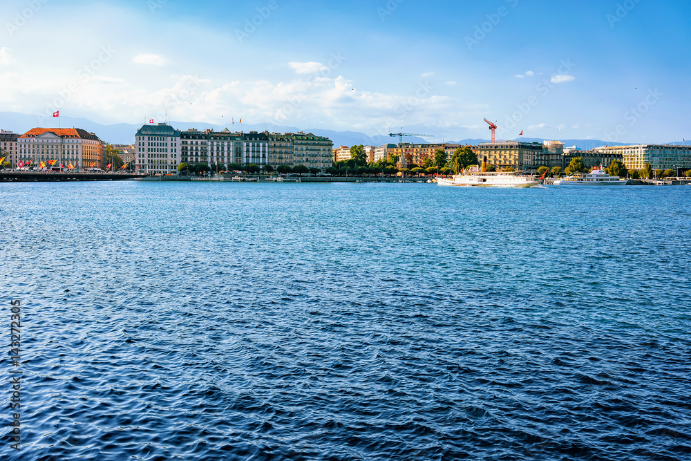 Fototapeta premium Ferry in Geneva Lake Geneva Switzerland
