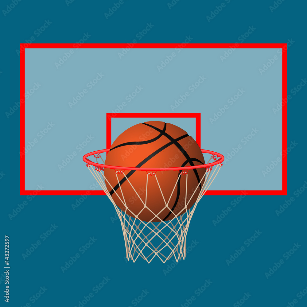 Realistic leather playing ball in basketball hoop on backboard.