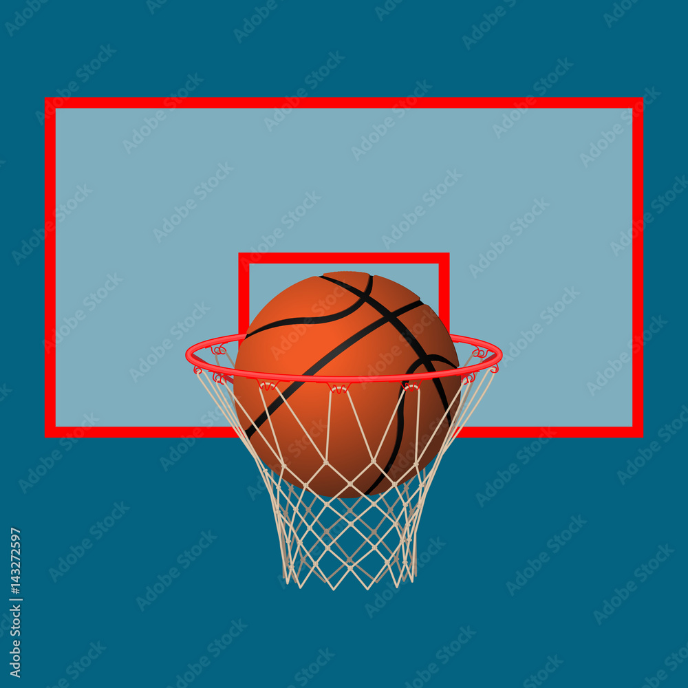 Realistic leather playing ball in basketball hoop on backboard. Realistic leather playing ball in basketball hoop on backboard.