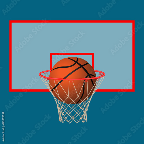 Realistic leather playing ball in basketball hoop on backboard.