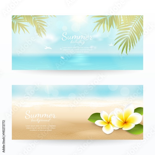 Vector set of summer horizontal banners with beach, sea, waves, palm leaves and tropical flowers. Travel background with plumeria and blurred effect. File contains clipping mask.
