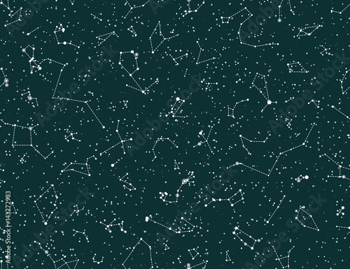 Vector seamless pattern with constellations on green chalkboard background. Astronomy scientific school background