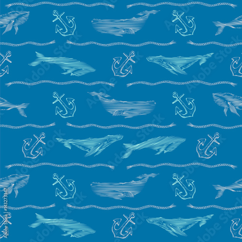 Whales, ropes and anchors on a blue background