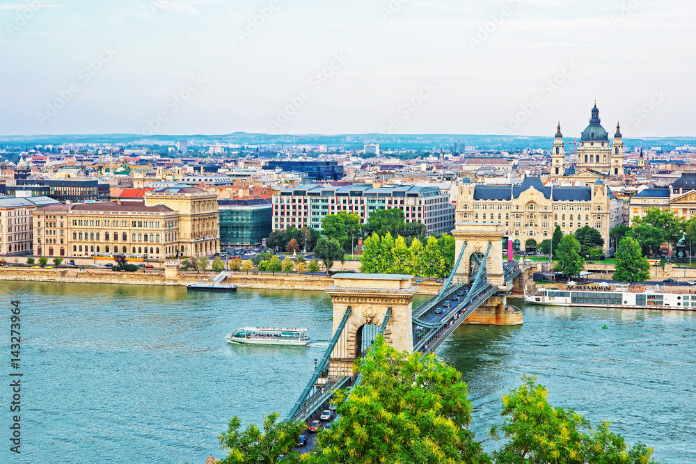 Chain Bridge above Danube Canal and St Stephen Basilica Budapest