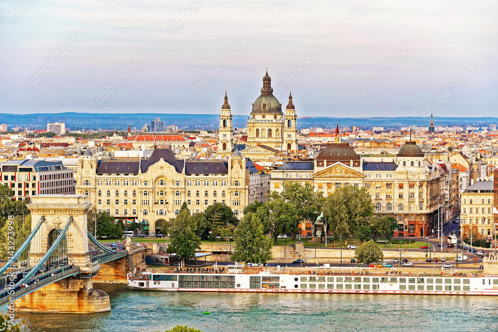 Chain Bridge over Danube River and St Stephen Basilica Budapest