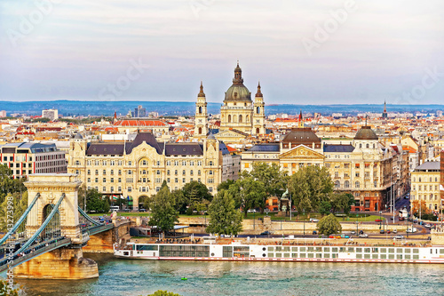 Chain Bridge over Danube River and St Stephen Basilica Budapest © Roman Babakin