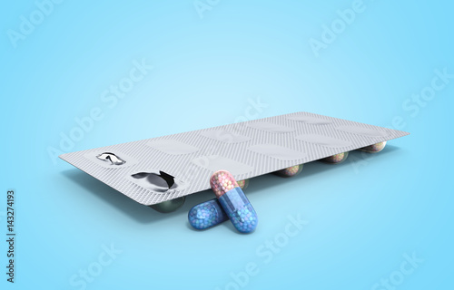 Abuse of anabolic steroids for sports Blister pack of steroids capsules 3d render on blue photo