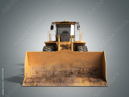 Yellow wheels Bulldozer 3d render on grey