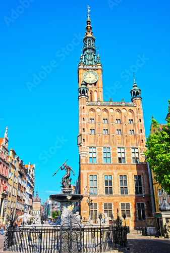 Neptune fountain and Main City Hall and Dlugi Square Gdansk